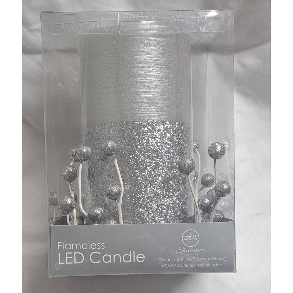 Winter Wonderland LED Flameless Candle Silver Glitter Shimmer New In Box